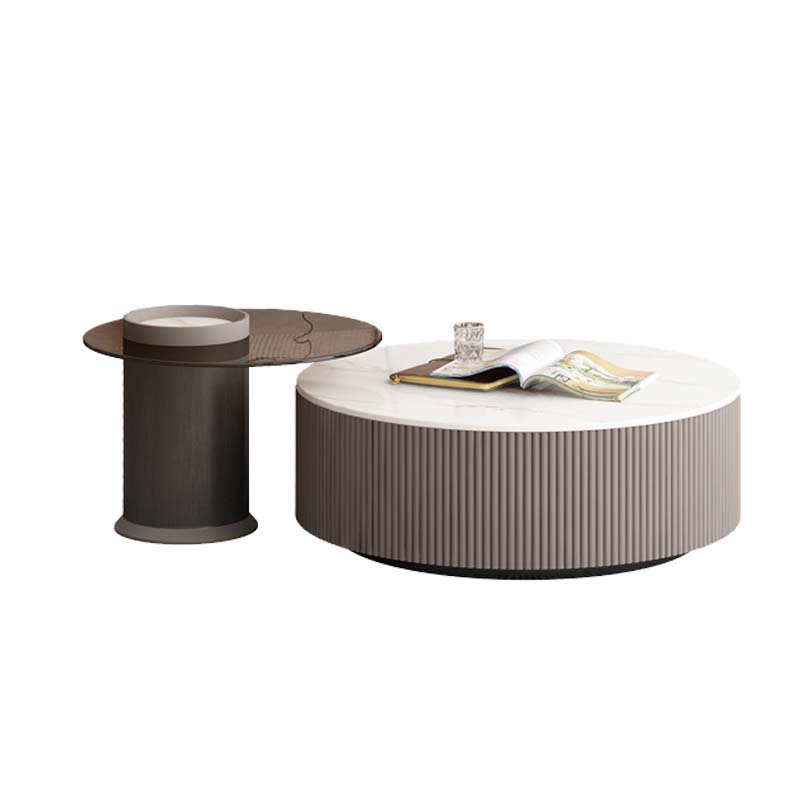 Round Fluted Two-Piece Nesting Coffee Table with Sintered Stone and Tinted Glass Tops