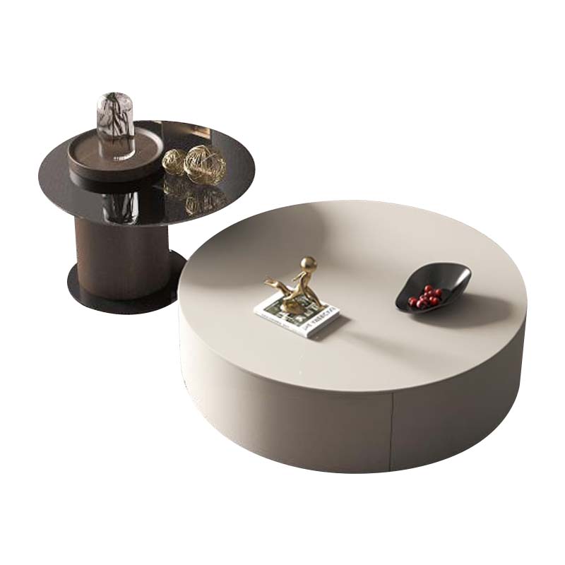 Nested Round Coffee Tables with Glossy Drum Base and Glass Top