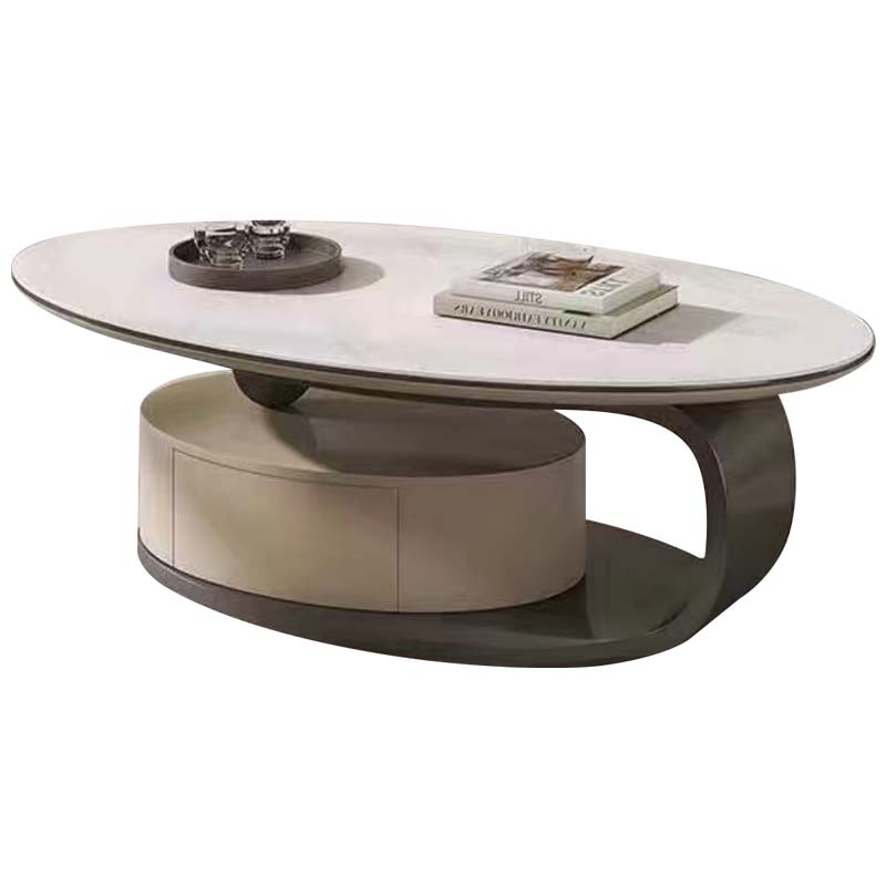 Oval Stone-Top Coffee Table with Rotating Storage Base