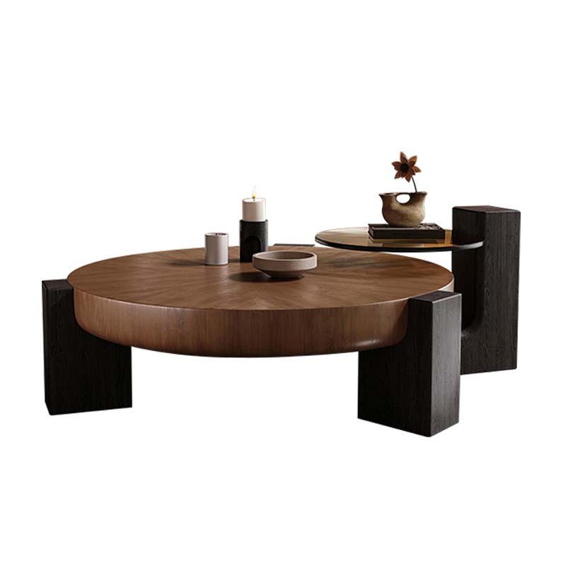 Round Walnut-Tone Coffee Table with Black Block Legs and Raised Side Shelf