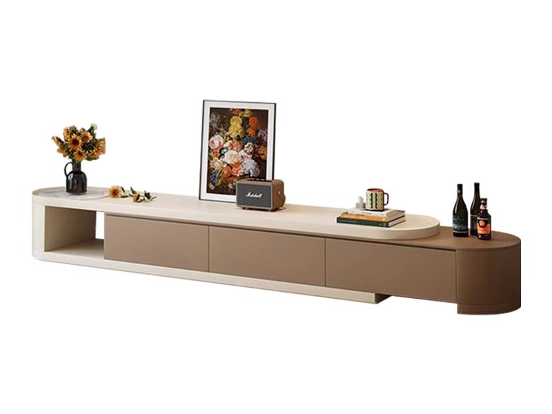 Modern Two-Tone Rounded TV Media Console with Open Cubby and Three Drawers