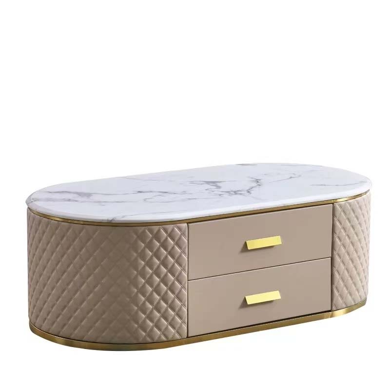 Oval Marble-Top Quilted Storage Coffee Table with Two Drawers
