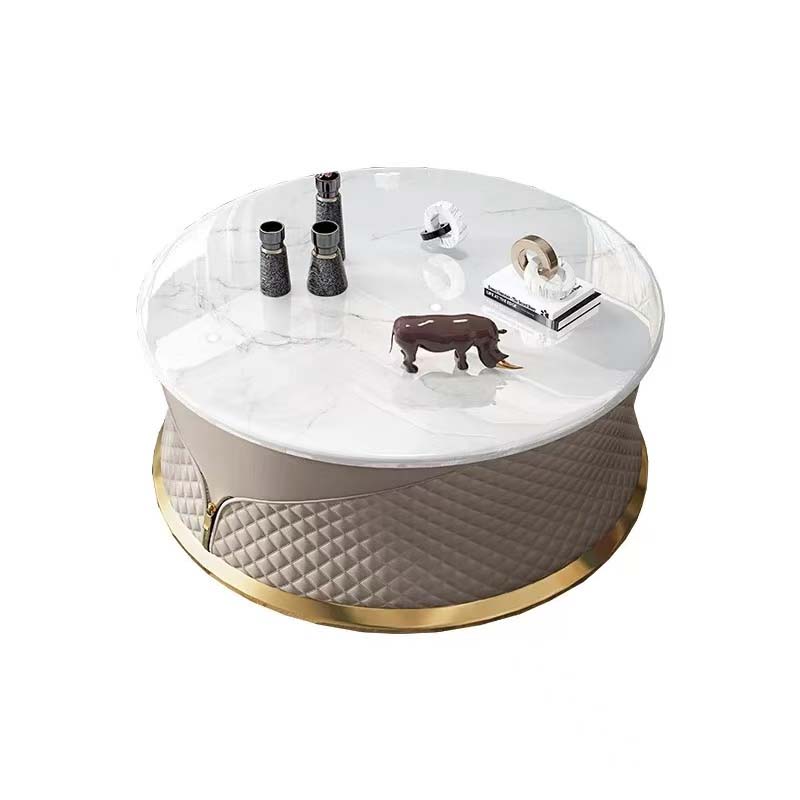 Round Marble-Look Coffee Table with Quilted Upholstered Drum Base and Brass Rim