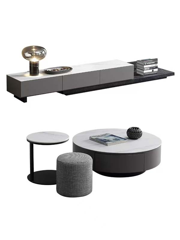 Modern Sintered Stone TV Console with Round Storage Coffee Table, Side Table and Upholstered Stool