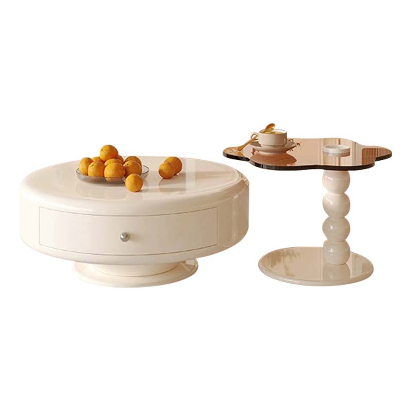 Round Glossy Cream Coffee Table with Irregular Champagne Side Table
