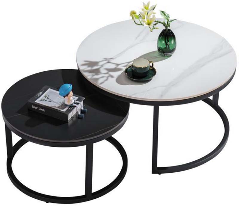 Two-Tier Nesting Round Coffee Tables with Marble-Look Tops and Black Frames