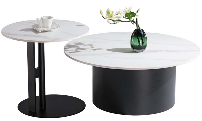 Two-Piece Round Nesting Coffee Table Set with White Marble-Look Tops and Black Bases