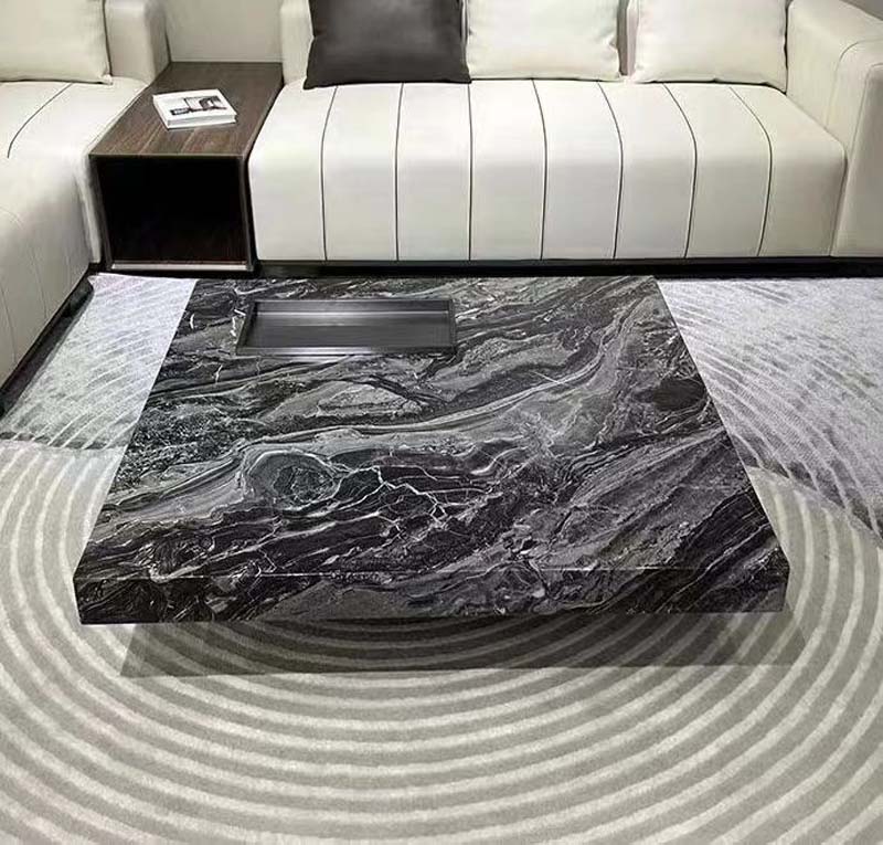 Black Veined Stone Block Coffee Table with Recessed Metal Tray