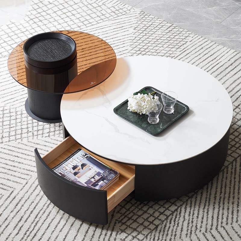 Two-Piece Round Nesting Coffee Table Set with Curved Storage Drawer