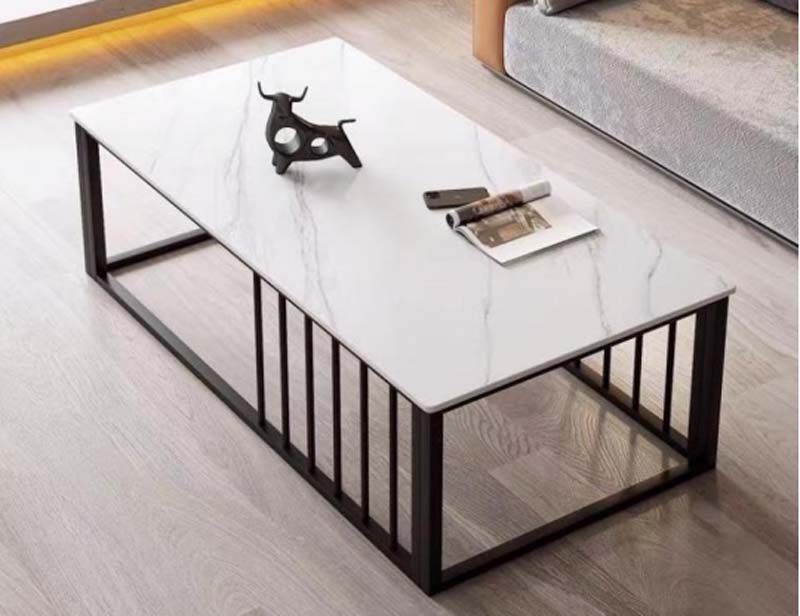 Rectangular White Marble-Look Coffee Table with Black Metal Frame