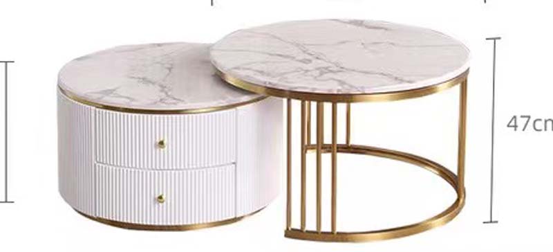Round Nesting Coffee Table Set with Marble-Effect Tops and Drawer Base