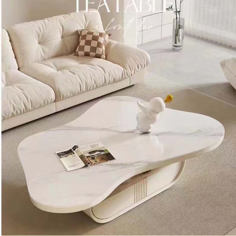 Irregular Cloud-Shaped Marble-Look Coffee Table with Cream Fluted Pedestal