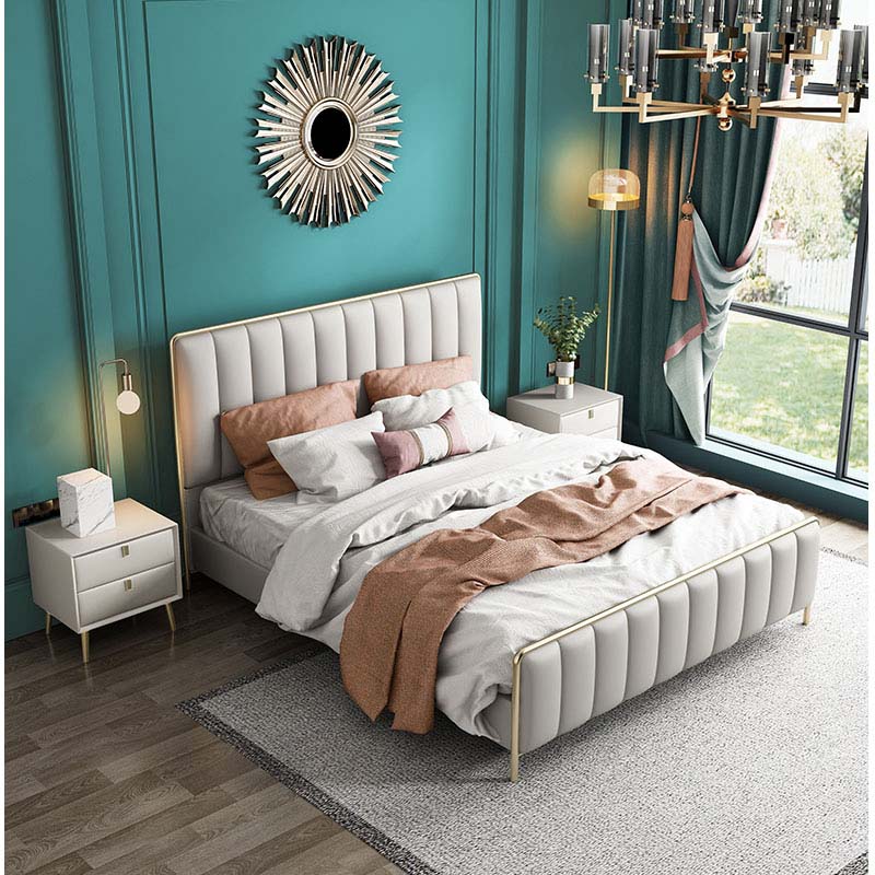 Light Grey Channel-Tufted Upholstered Bed with Champagne Metal Frame