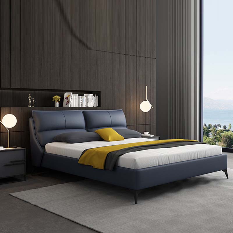Modern Upholstered Low-Profile Bed with Padded Headboard and Metal Legs