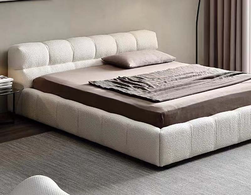 Cream Textured Fabric Channel-Tufted Upholstered Platform Bed
