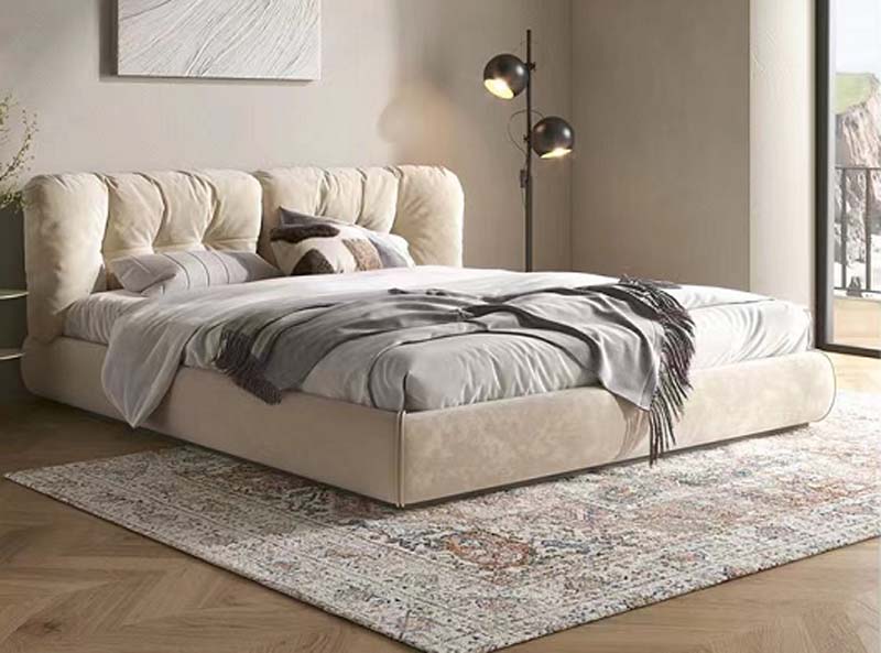 Upholstered Low-Profile Platform Bed with Channel-Tufted Wing Headboard