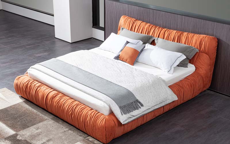 Ruched Orange Velvet Upholstered Platform Bed, King Size