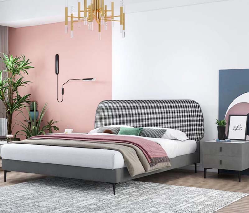 Upholsted Platform Bed with Houndstooth Curved Headboard