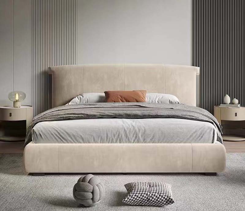 Beige Upholstered Low-Profile Platform Bed with Padded Headboard and Footboard
