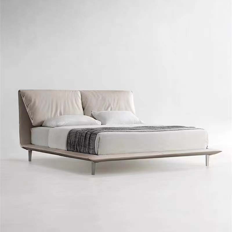 Beige Upholstered Low-Profile Platform Bed with Two Pillow Headboard Panels