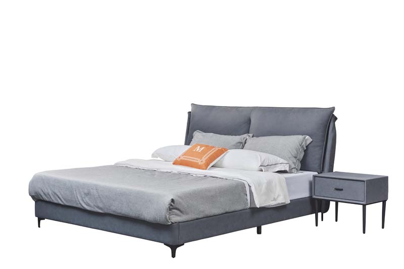 Gray Upholstered Platform Bed with Pillow Headboard and Nightstand