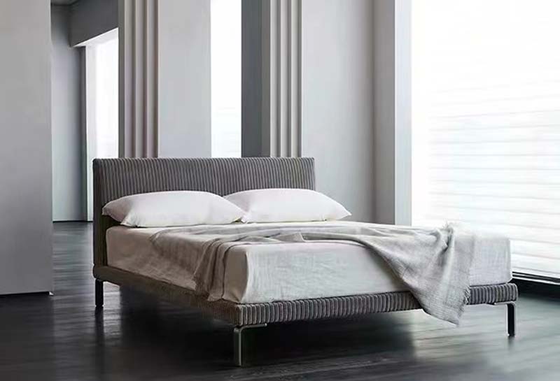 Gray Pleated Upholstered Platform Bed with Metal Legs