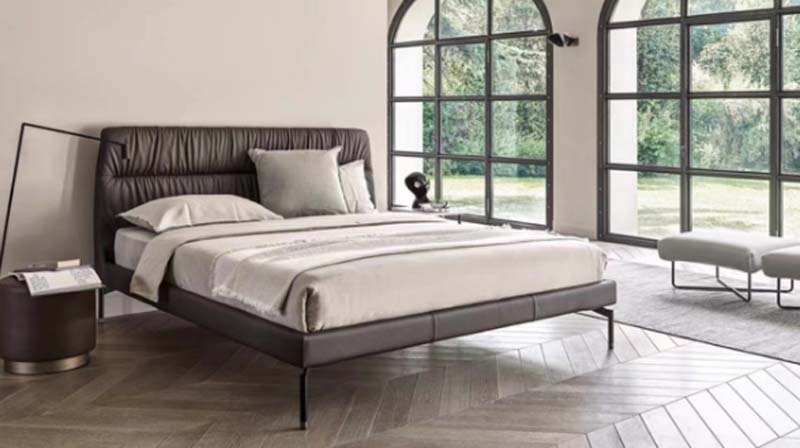 Dark Gray Vertical-Channel Upholstered Platform Bed with Slim Black Metal Legs