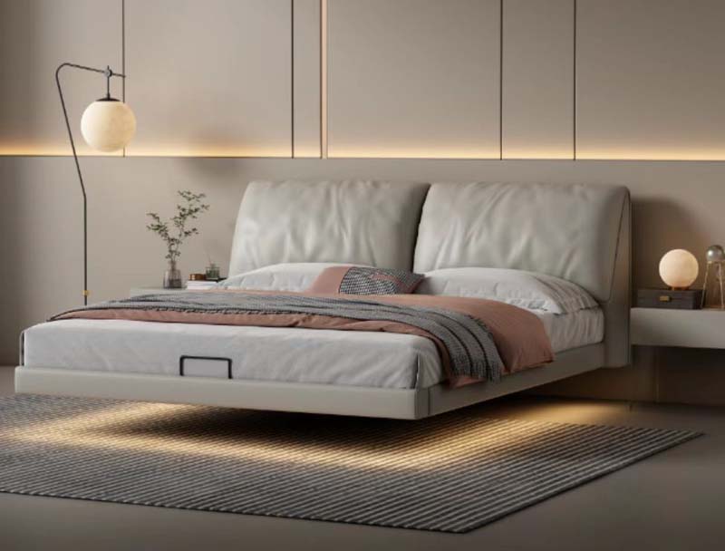 Upholstered Floating Platform Bed with LED Underglow and Pillow Headboard