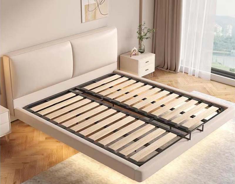 Beige Upholstered Platform Bed Frame with Two-Panel Padded Headboard