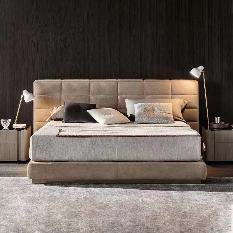 Beige Grid-Tufted Upholstered Platform Bed