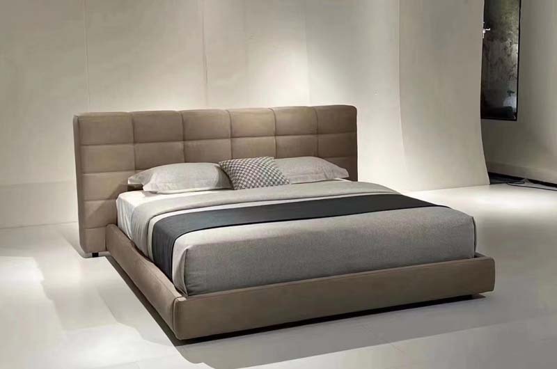 Upholstered Low-Profile Panel Bed with Grid-Tufted Headboard