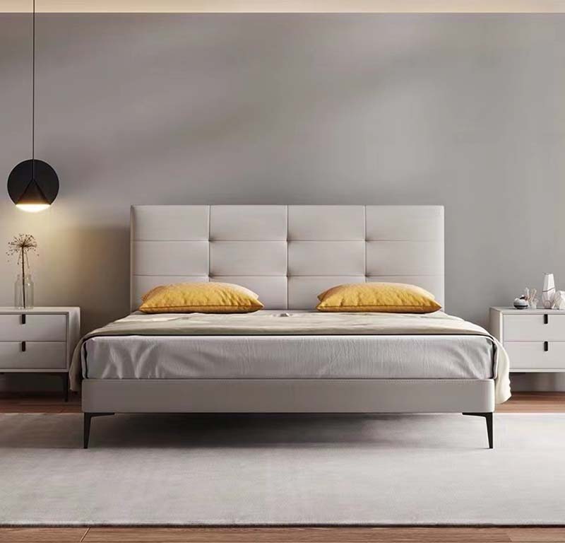 Light Gray Upholstered Platform Bed with Grid-Tufted Headboard