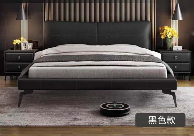 Black Upholstered Platform Bed with Two Split Headboard Panels