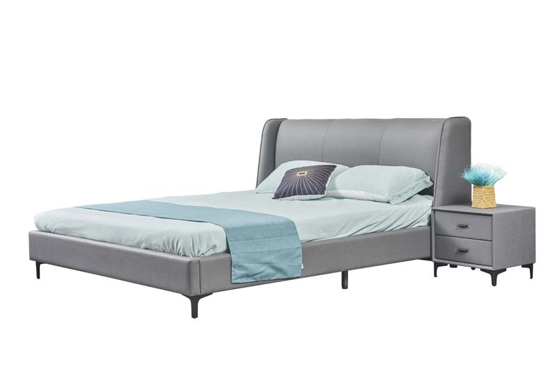 Gray Upholstered Wingback Platform Bed with Matching Nightstand