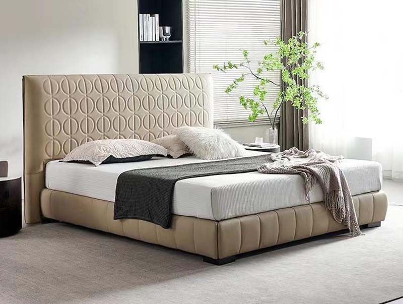 Upholstered Platform Bed with Geometric Headboard
