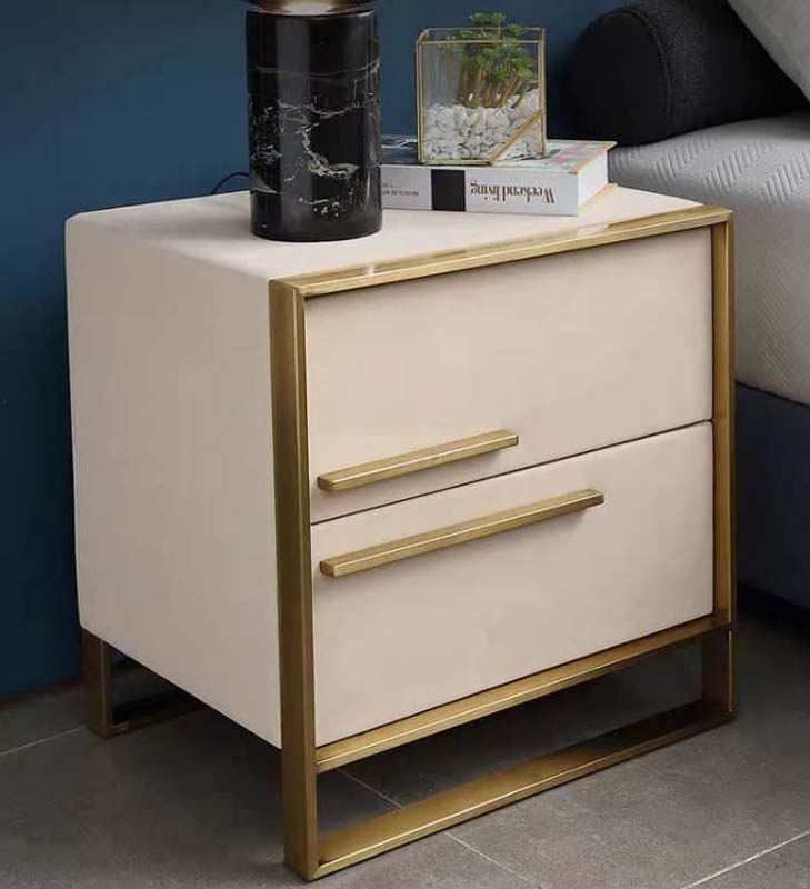 Ivory Upholstered Two-Drawer Nightstand with Brushed Gold Frame