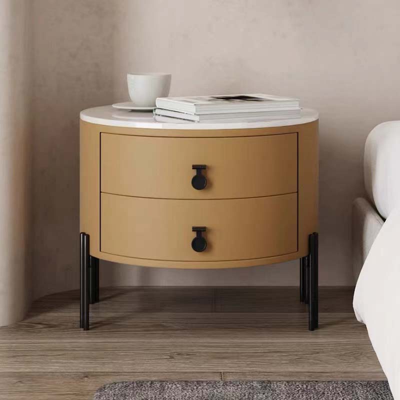 Round Two-Drawer Nightstand with White Top and Black Metal Legs