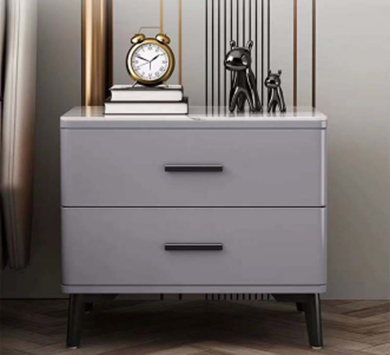 Modern Gray Two-Drawer Nightstand with Black Bar Handles and Splayed Legs