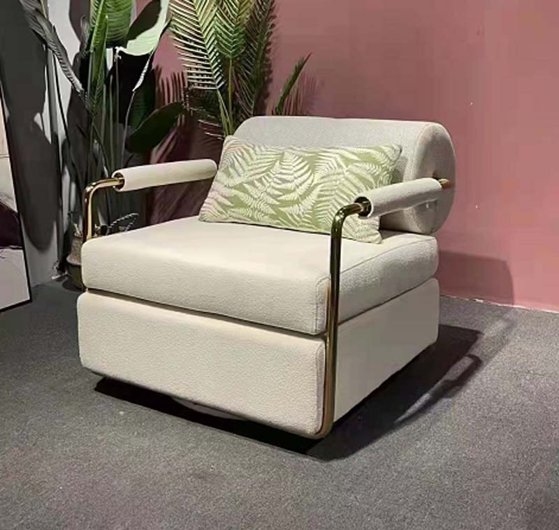 Ivory Boucle Swivel Lounge Armchair with Brass Frame and Lumbar Pillow
