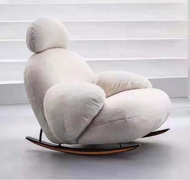 White Plush Upholstered Rocking Lounge Chair with Pillow Headrest