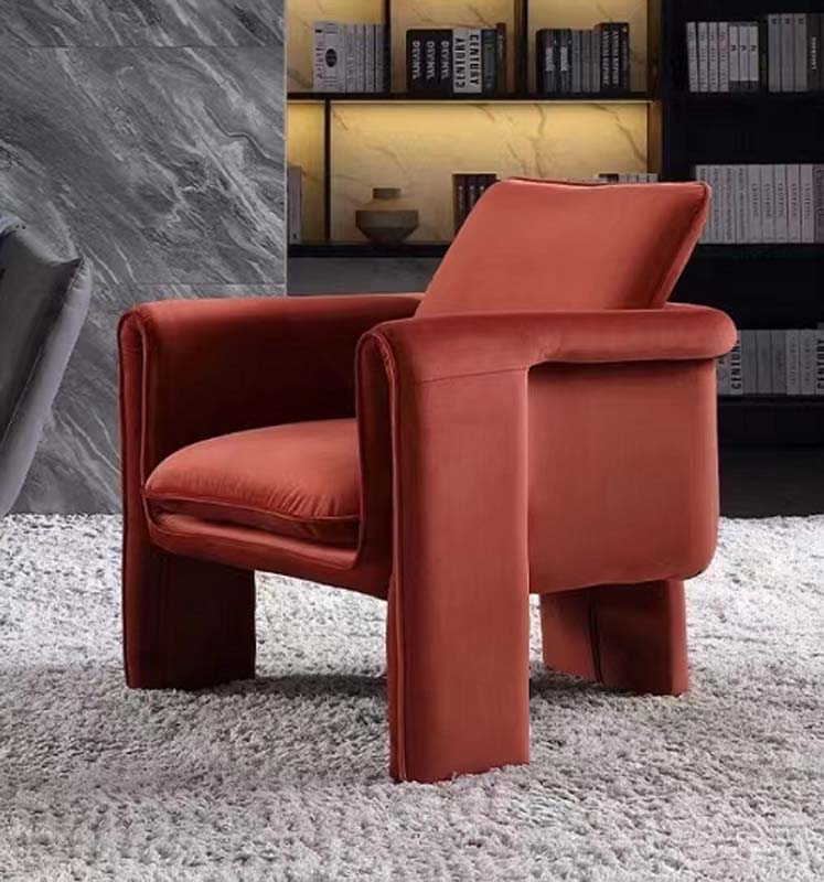 Fully Upholstered Rust Velvet Barrel Lounge Armchair