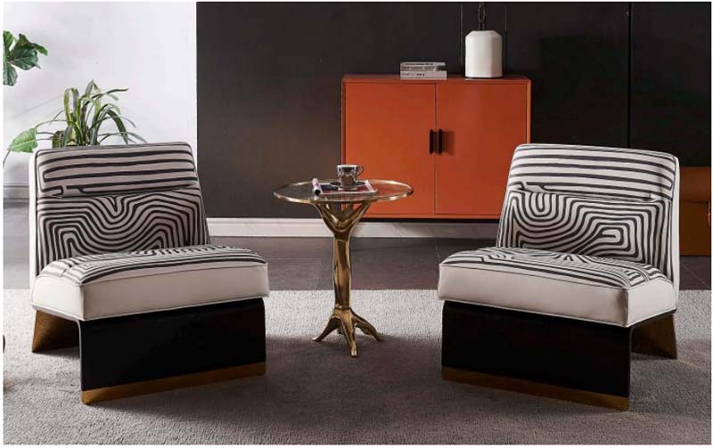 Zebra Pattern Armless Upholstered Lounge Chair with Black and Brass Plinth Base