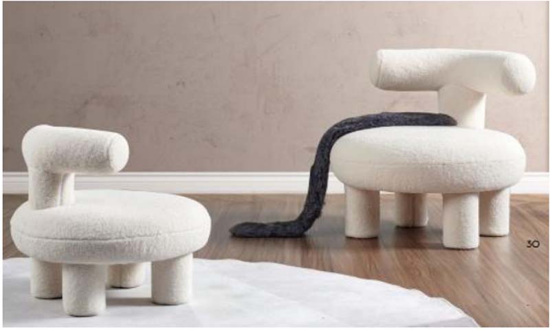 White Boucle Low Lounge Chair with Cylindrical Backrest and Matching Ottoman