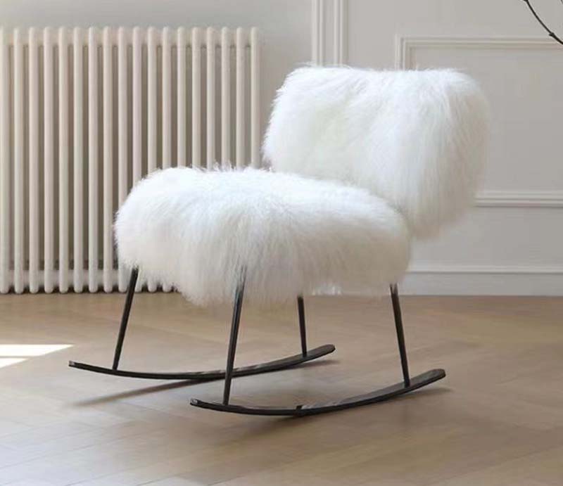 White Long-Pile Upholstered Armless Rocking Lounge Chair