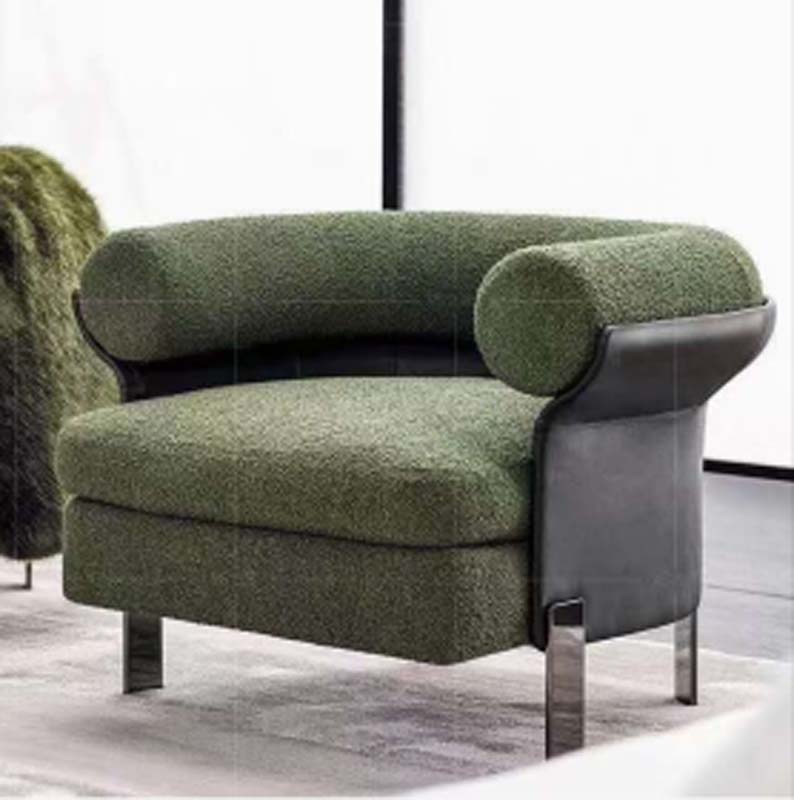 Boucle Barrel Lounge Chair with Dark Leather Side Panels