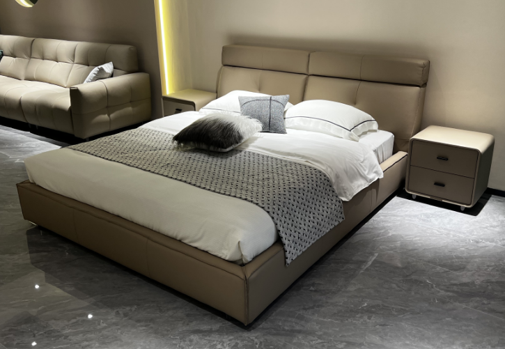 Beige Upholstered Low-Profile Platform Bed with Padded Split Headboard