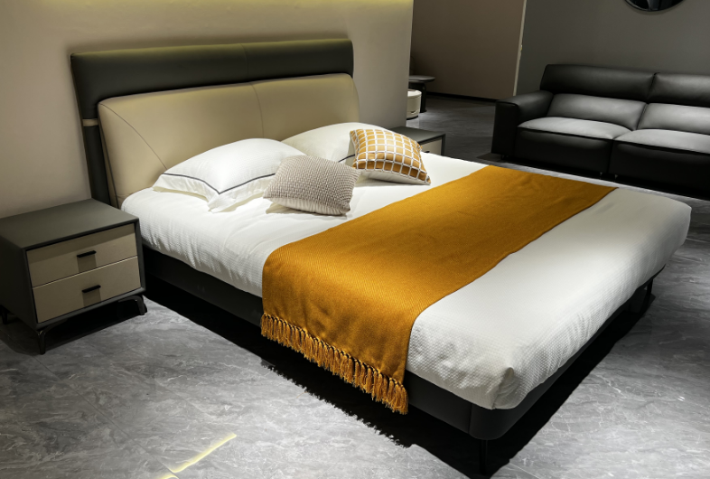 Upholstered Low-Profile Bed with Two-Tone Headboard and Nightstand