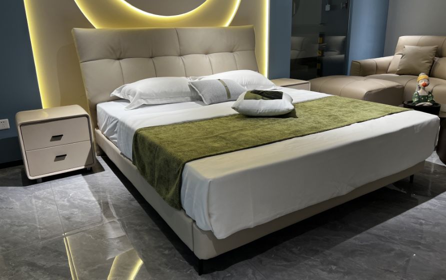 Beige Upholstered Platform Bed with Segmented Padded Headboard
