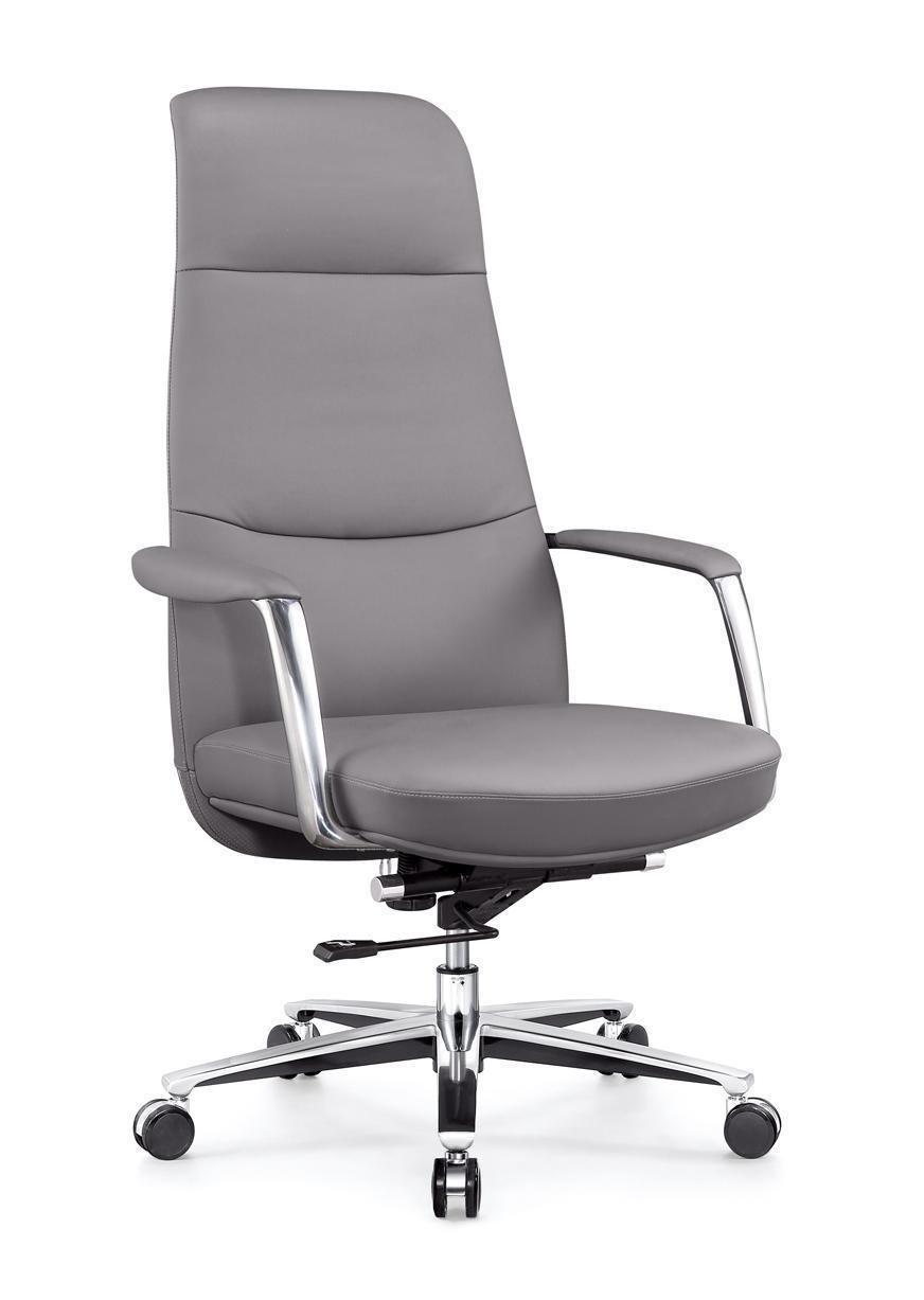 Gray High-Back Executive Swivel Chair with Polished Aluminum Base
