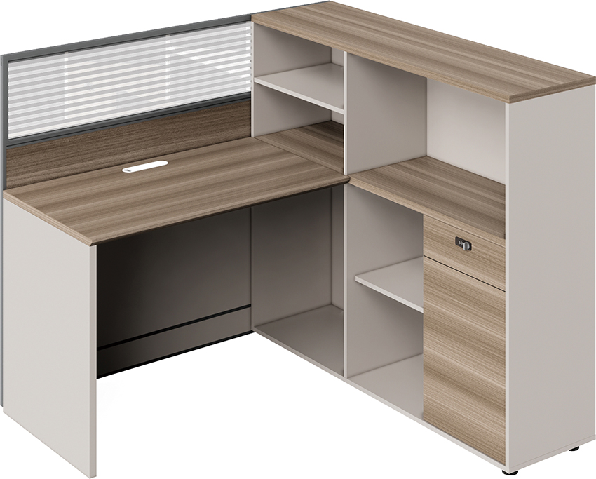 L-Shaped Reception Workstation with Integrated Storage Hutch and Privacy Screen
